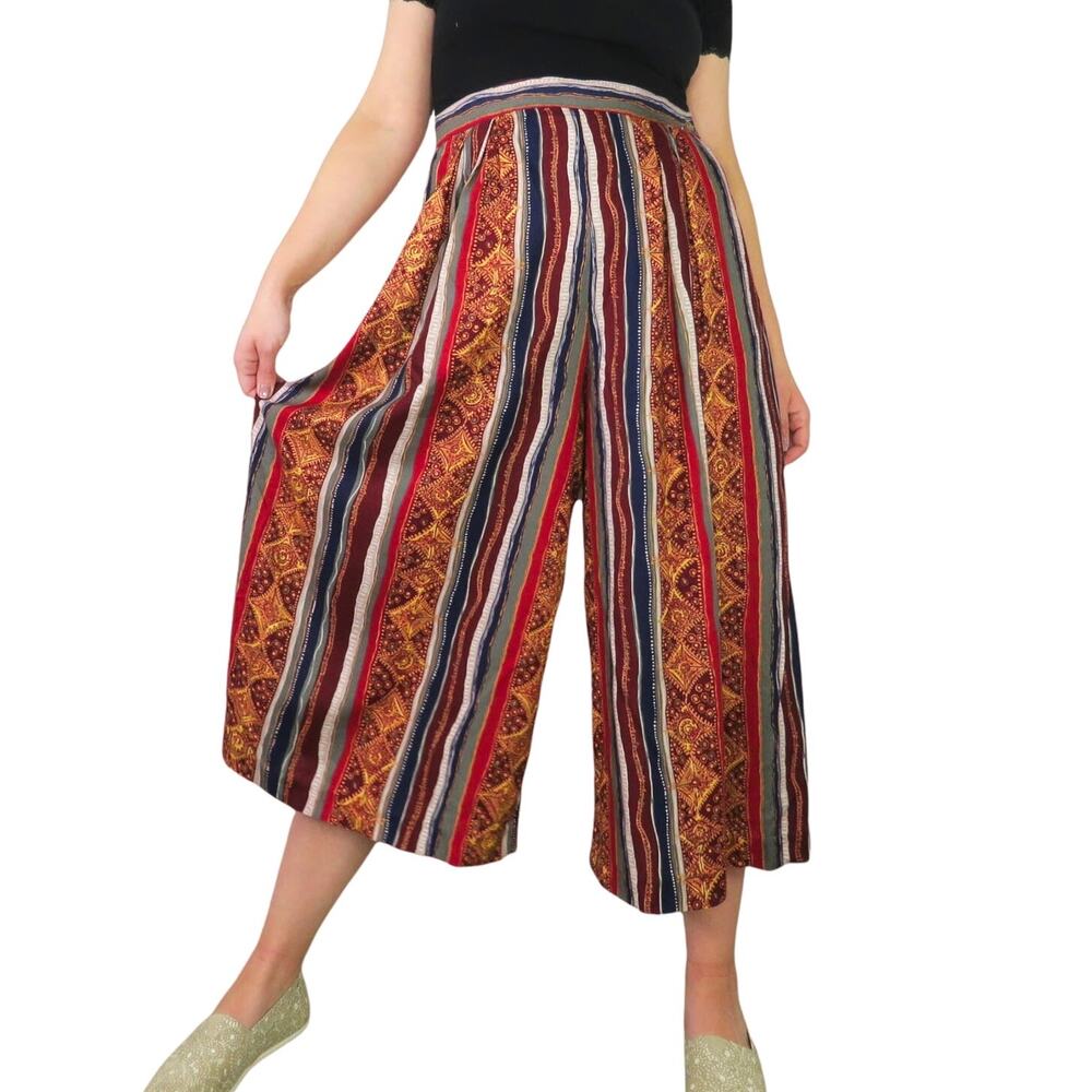 Vintage Leslie Fay Boho Multicolor Bohemian Wide Leg Flared Pants Size 12 30"